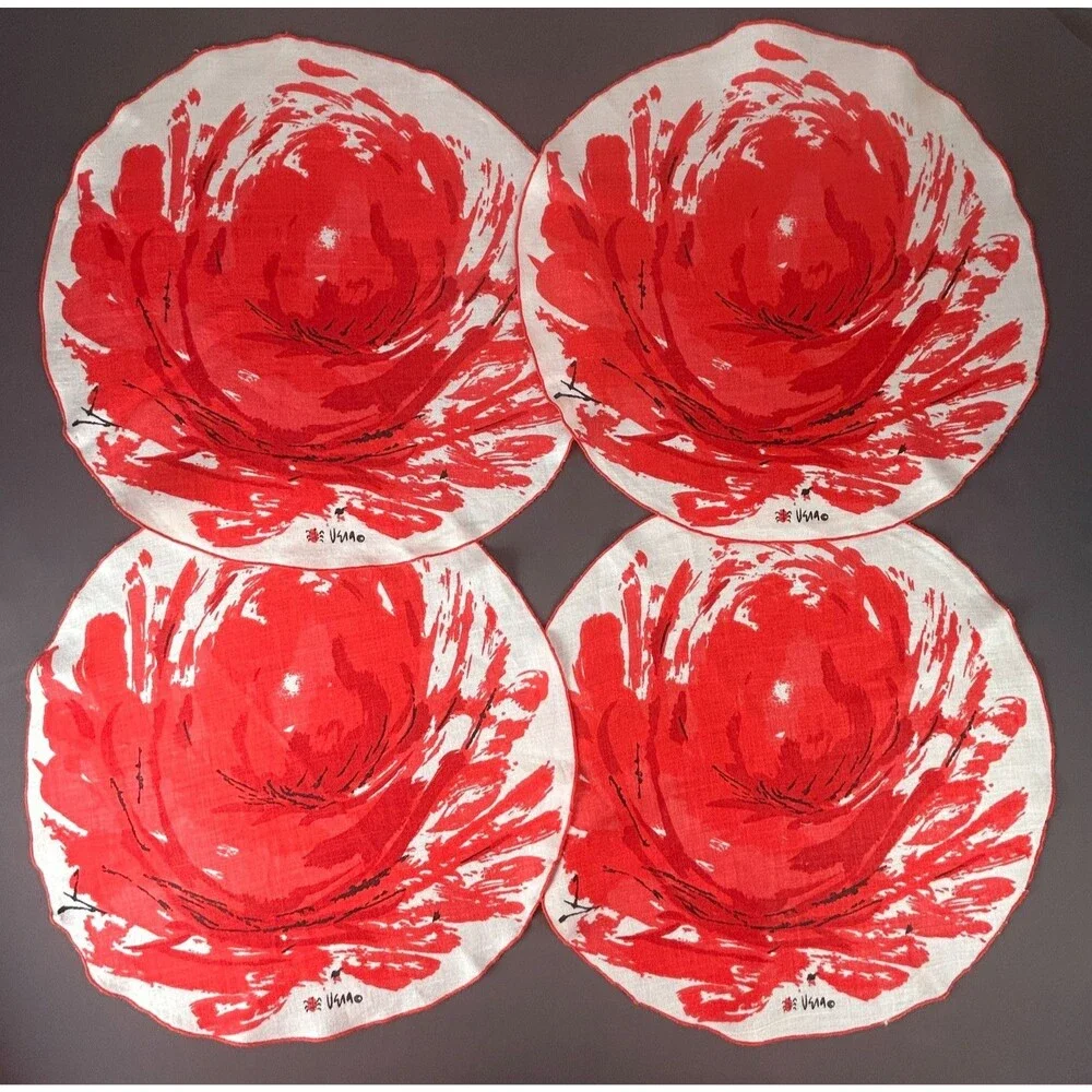 Vintage Vera Neumann Large Red Flower Linen Round Placemat Set of 4
